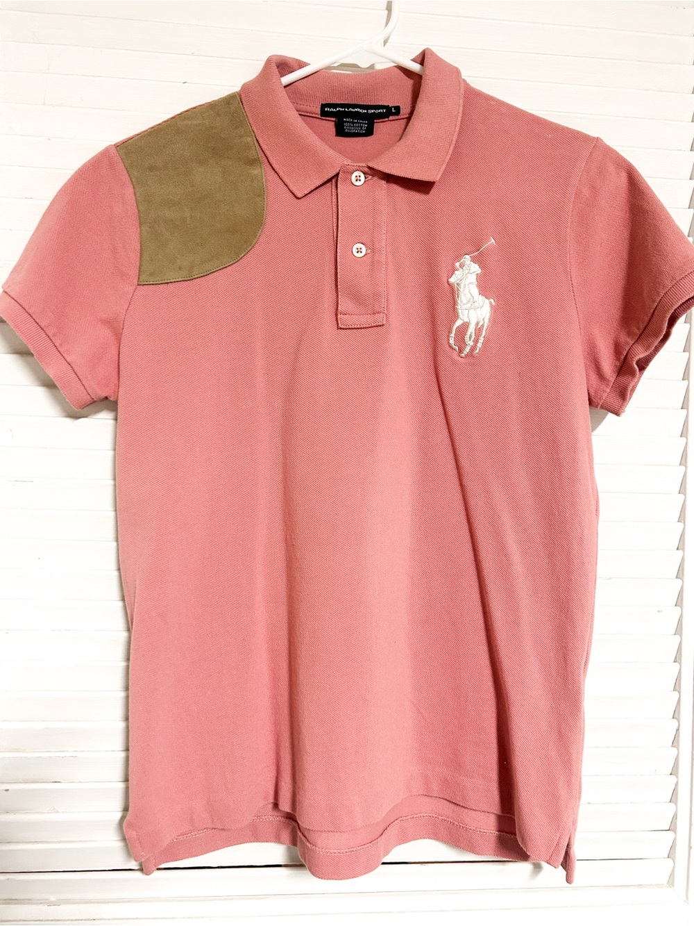 Ralph Lauren Sport Women’s Pink Polo with leather Shoulder Patch